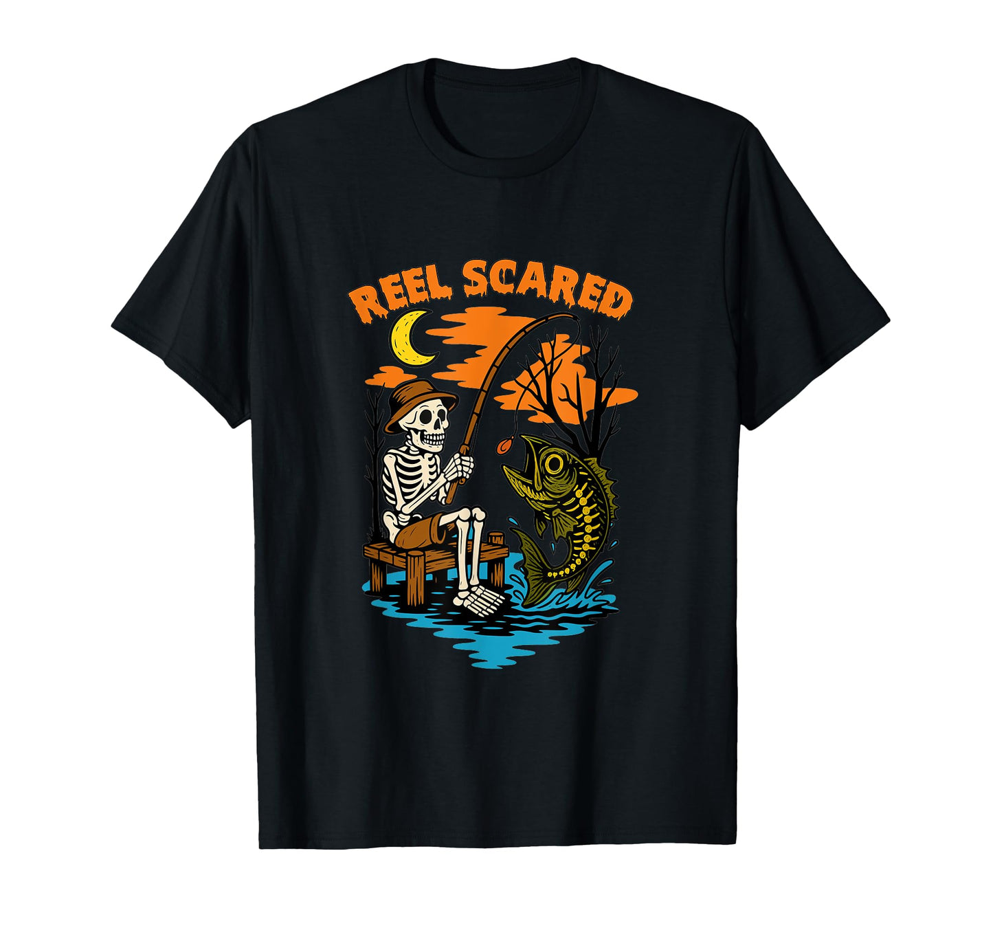 Reel Scared Halloween Fishing Funny Skeleton Fisherman Bass T-Shirt
