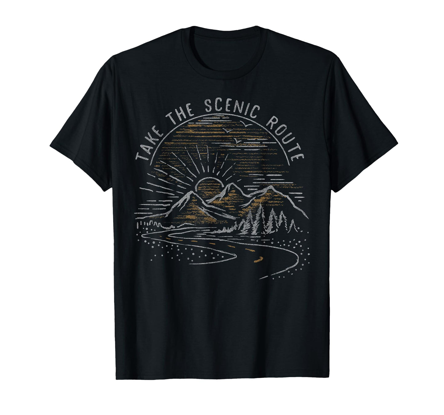 Take The Scenic Route Mountain Sunrise Sketch T-Shirt