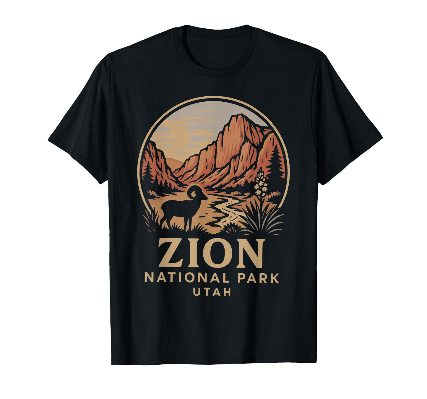Vintage Zion National Park Bighorn Sheep and Canyon Sunset T-Shirt