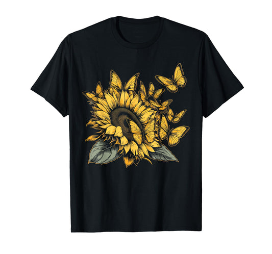 Cute Yellow Butterfly Sunflower Monarch Butterfly Nature T-Shirt