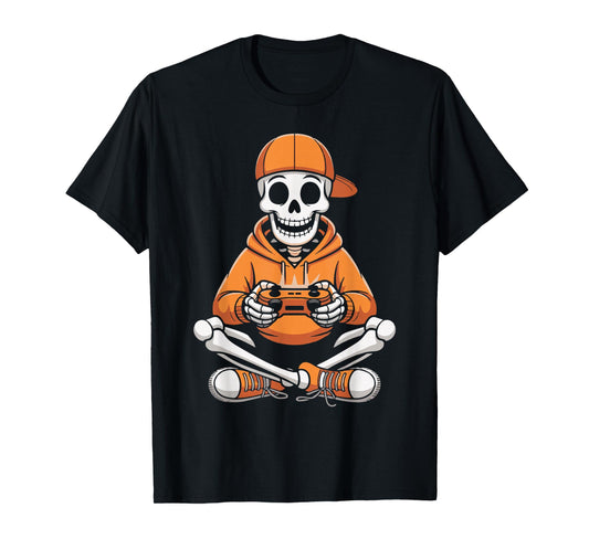 Cool Skeleton Gamer Funny Halloween Boys Kids Spooky Play T-Shirt