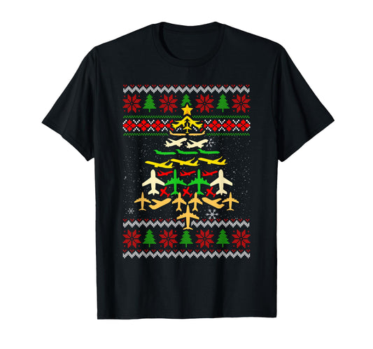 Airplane Christmas Tree Ugly Xmas Sweater Decoration Pilot T-Shirt