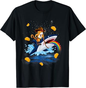 Western Cowboy Cat Riding A Shark In Taco Space Rainbow T-Shirt