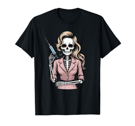 Halloween Gothic Skeleton Beautician Nurse with Syringe T-Shirt