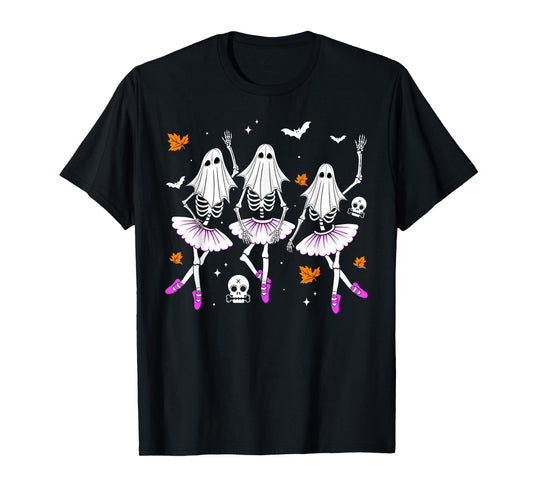 Ballet Dancing Skeleton Ghost Spooky Halloween Girls Women T-Shirt