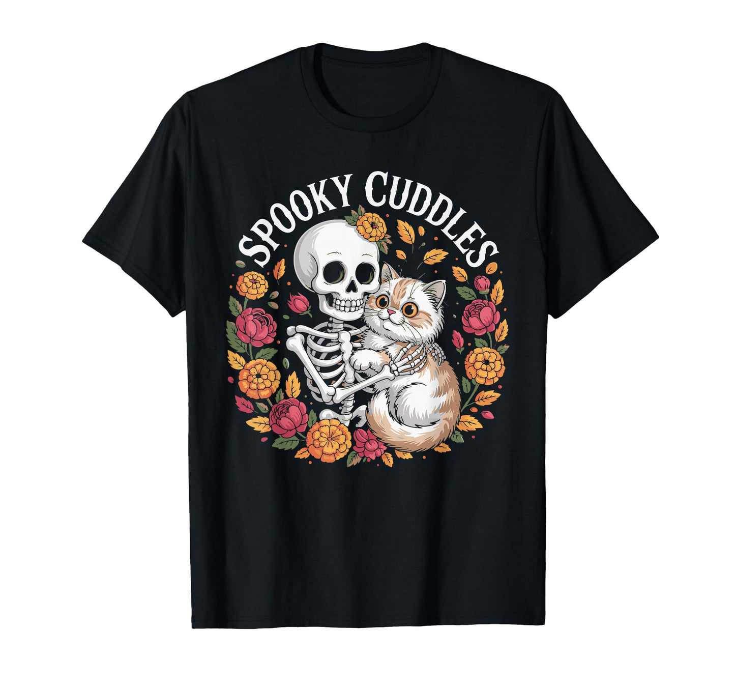 Skeleton Hugging Cat Floral Spooky Halloween Outfit Women T-Shirt
