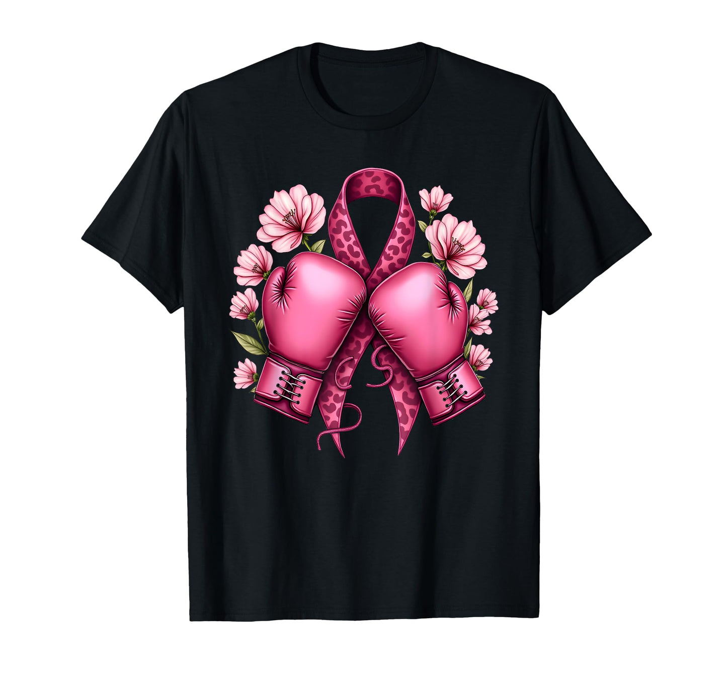 Leo Print Pink Ribbon Boxing Gloves Breast Cancer Awareness T-Shirt