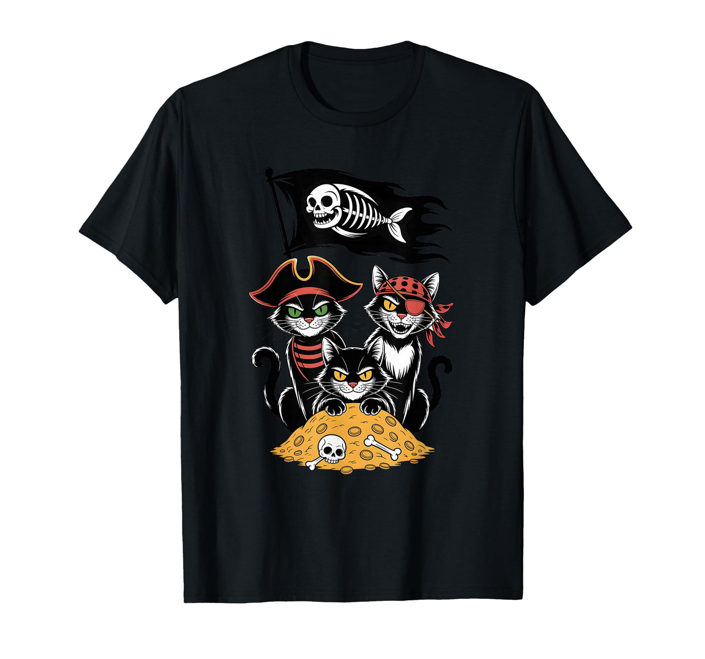 Pirate Cats Funny Treasure Skeleton Halloween Costume Party T-Shirt