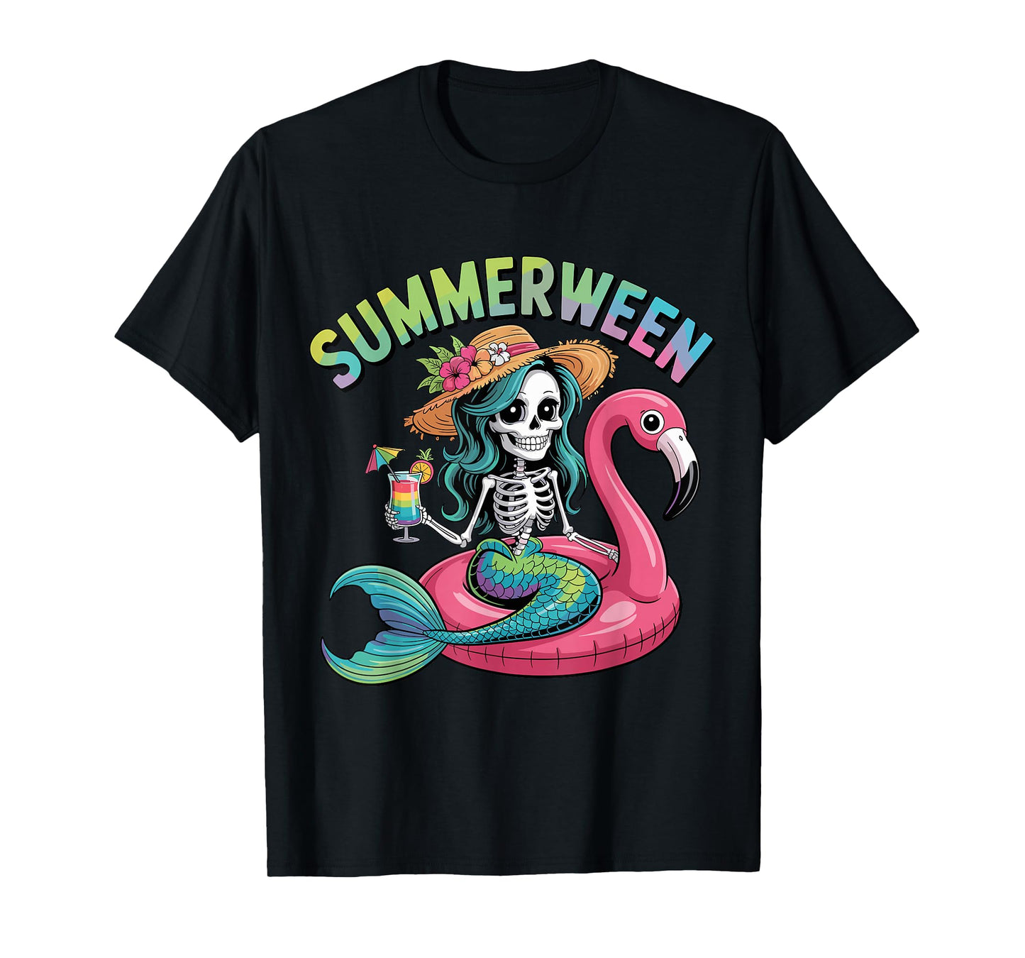 Mermaid Skeleton Flamingo Float Halloween Beach T-Shirt