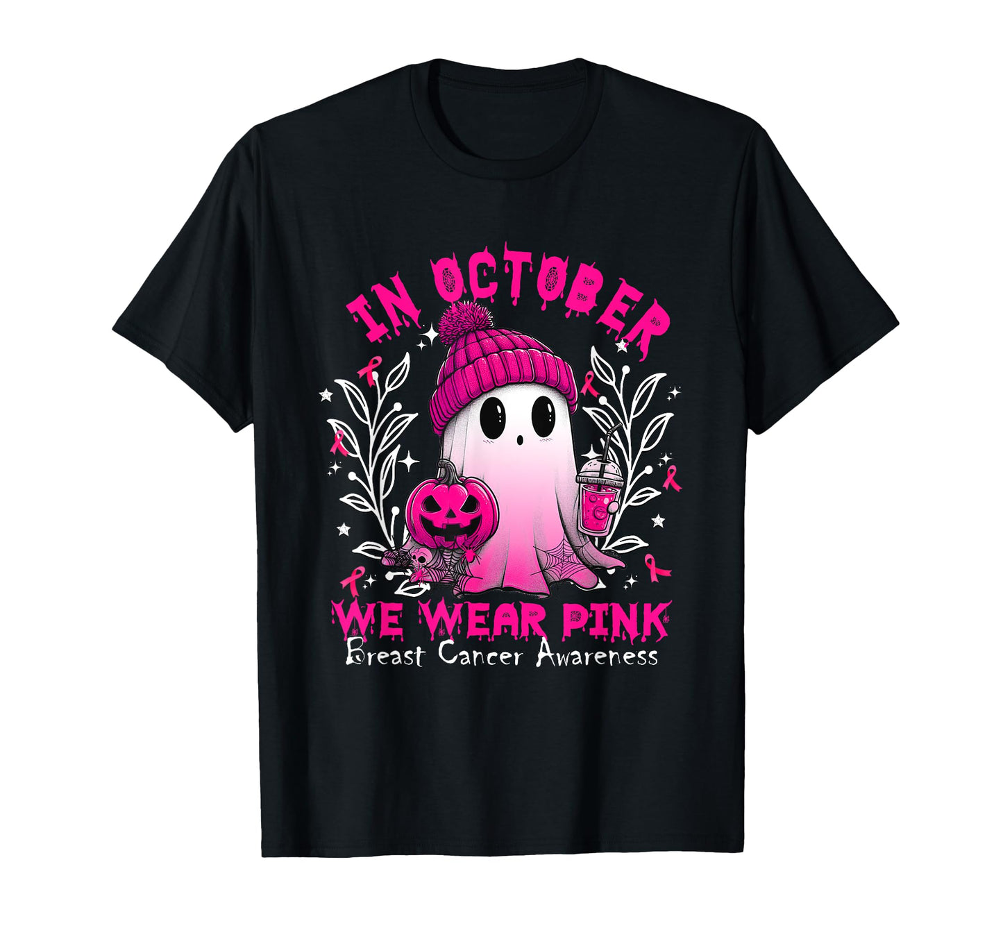 In October We Wear Pink Ghost Witch Breast Cancer Awareness T-Shirt