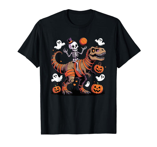 Basketball Skeleton Riding Mummy Dinosaur T-Rex Halloween T-Shirt