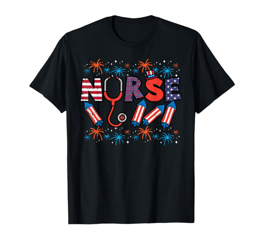 4th Of July Nurse Stethoscope Patriotic Scrub Top Women Men T-Shirt