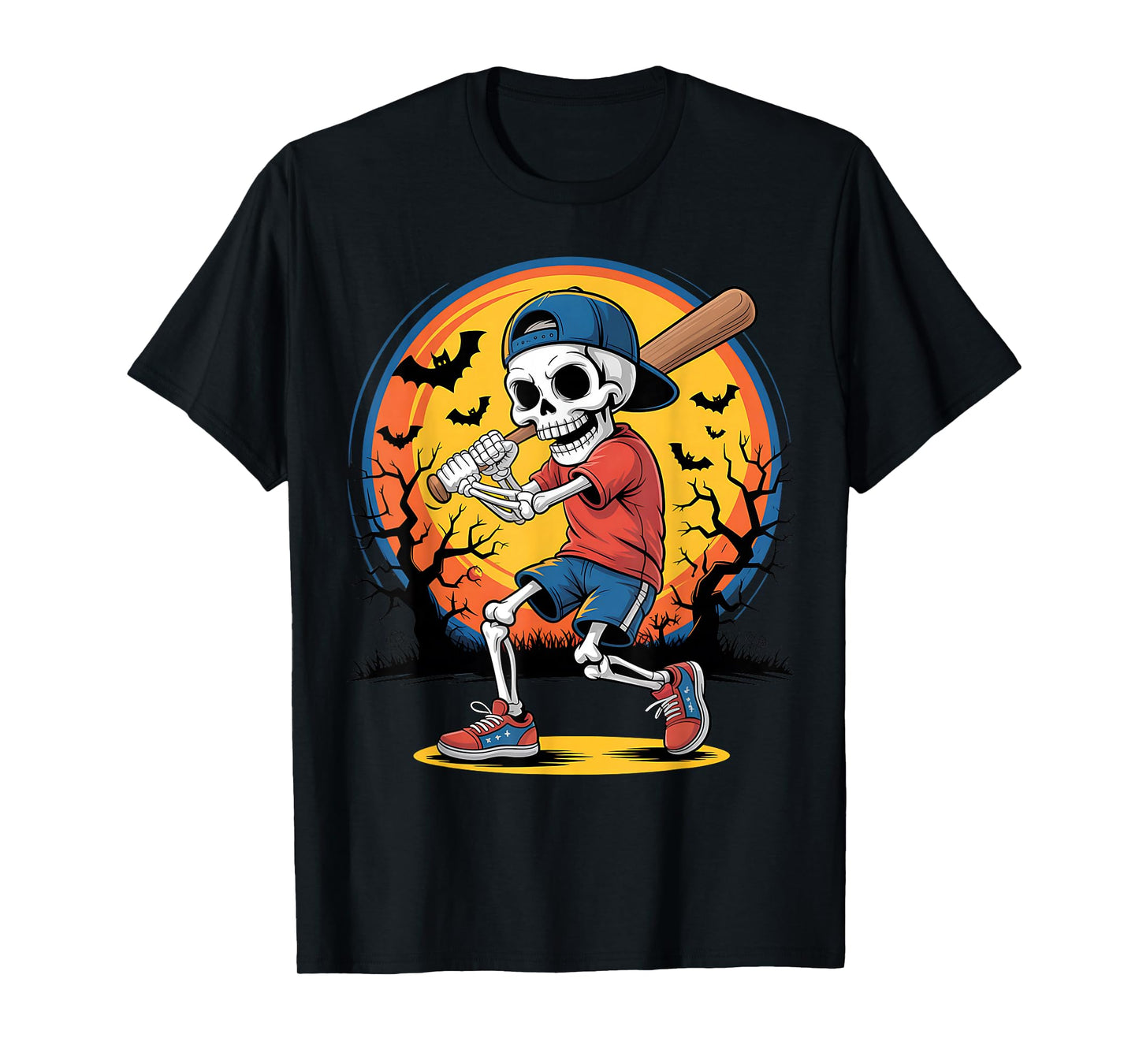 Skeleton Baseball Kid Halloween Pumpkin Sport Costume T-Shirt