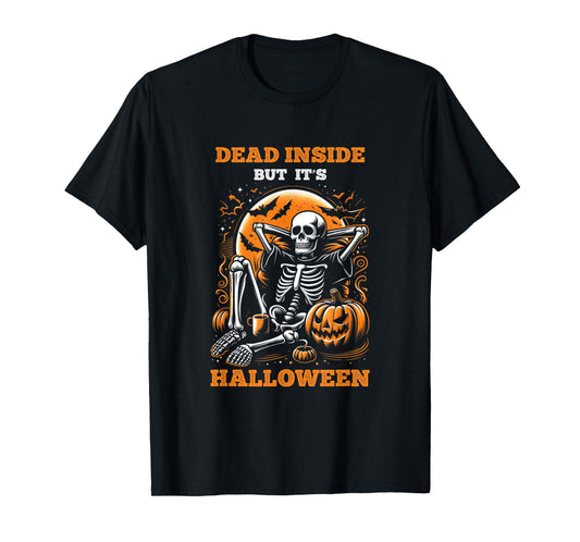 Dead-Inside But Its Halloween Spooky Skeleton Bats Pumpkin T-Shirt