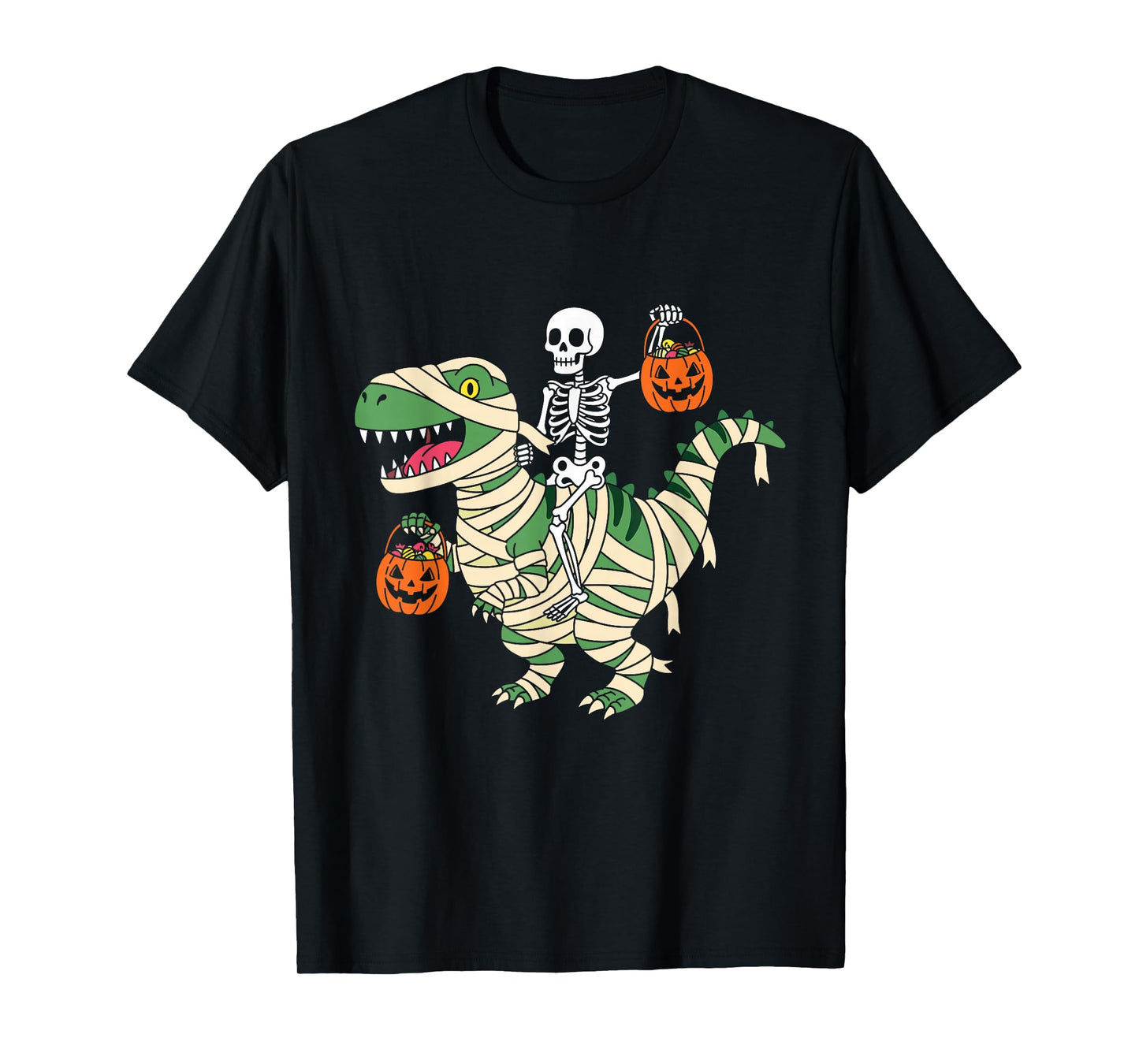 Skeleton Riding Mummy Dinosaur T-Rex Funny Halloween Pumpkin T-Shirt