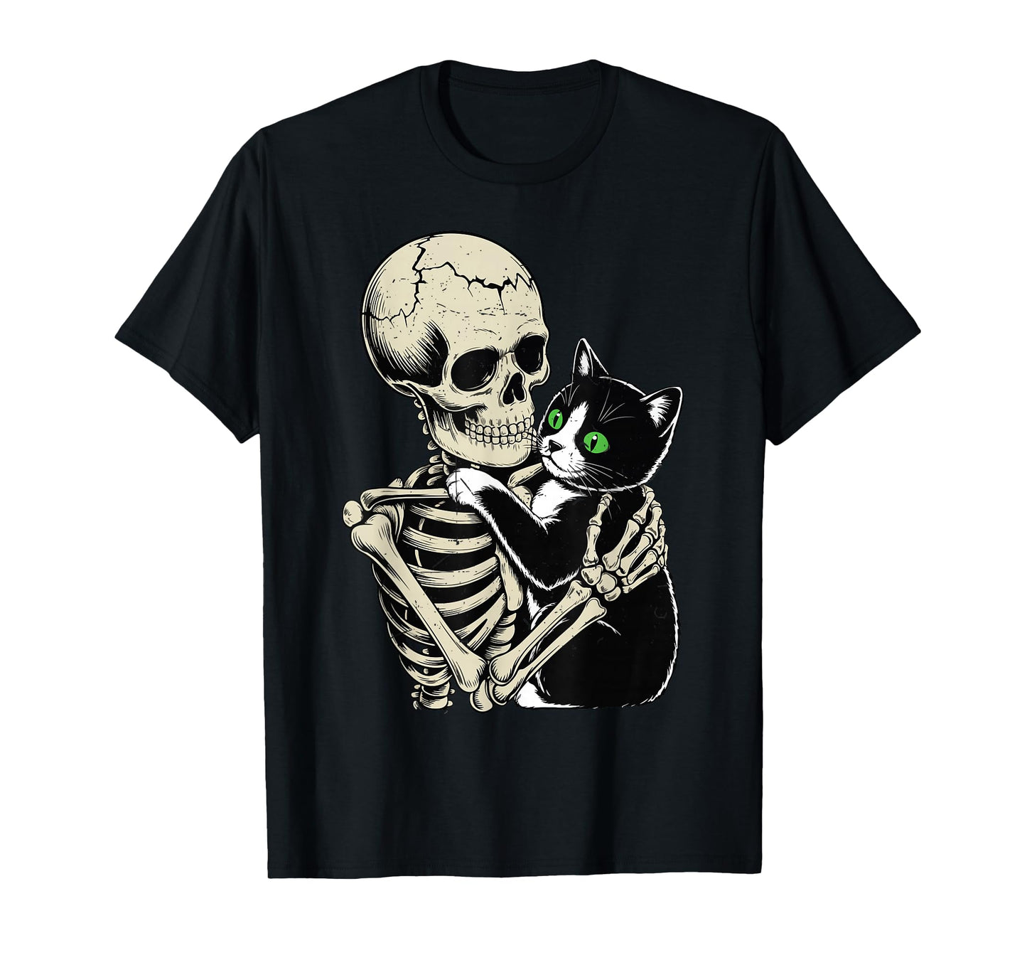 Skeleton Hugging Tuxedo Cat Funny Halloween Cat Dad Mom Gift T-Shirt