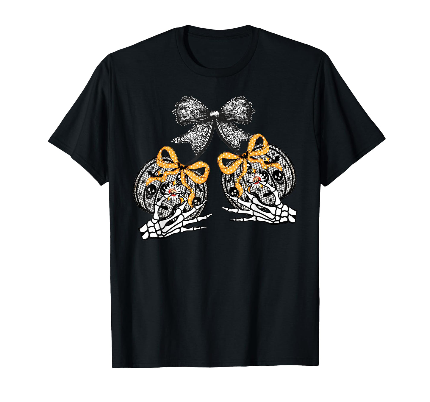 Funny Pumpkin Cherries Skeleton Lace Coquette Bow Halloween T-Shirt