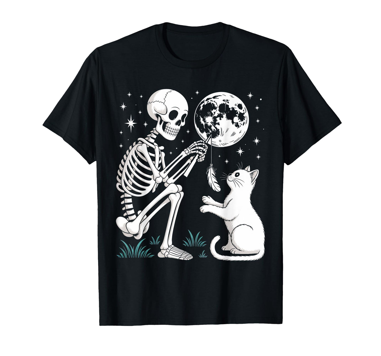 Skeleton Cat Moon Night Halloween Funny Cute Men Women Girls T-Shirt