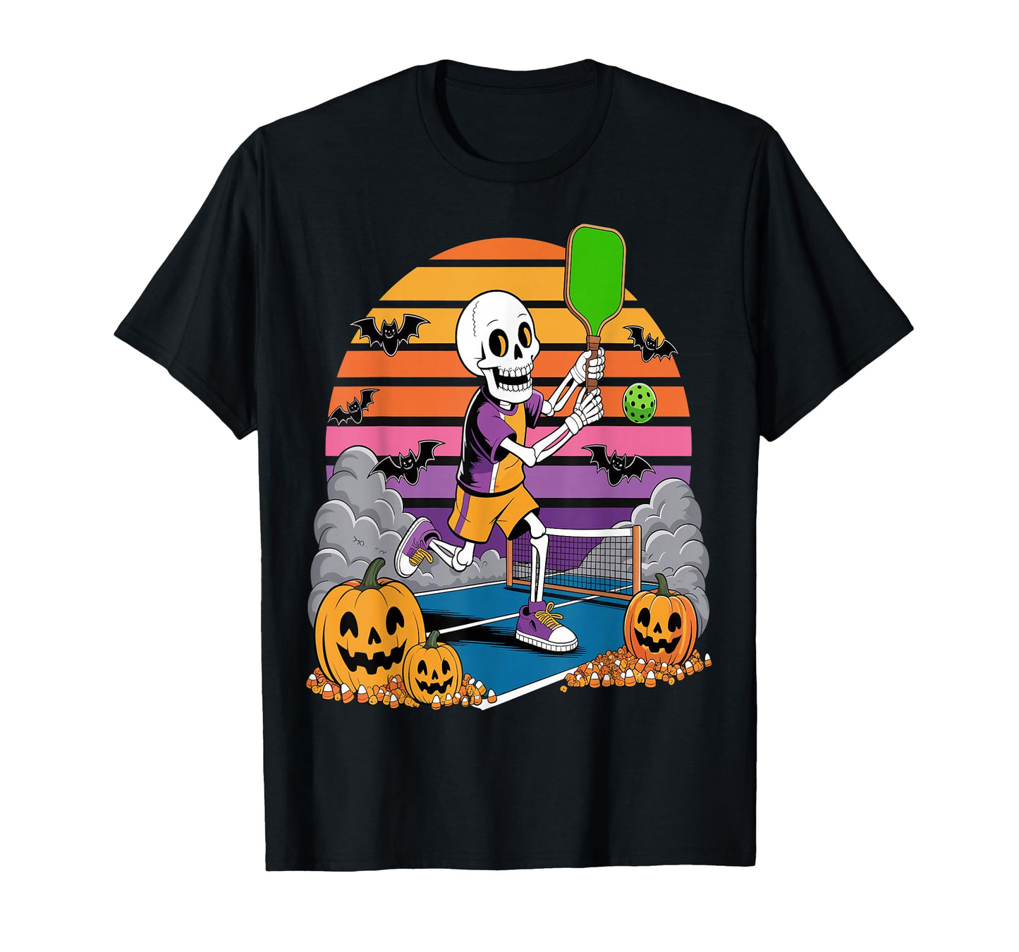 Pumpkin Skeleton Halloween Pickleball Spooky Sports T-Shirt
