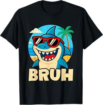Funny Bruh Shark With Sunglasses Meme Teenager Kids Boys T-Shirt