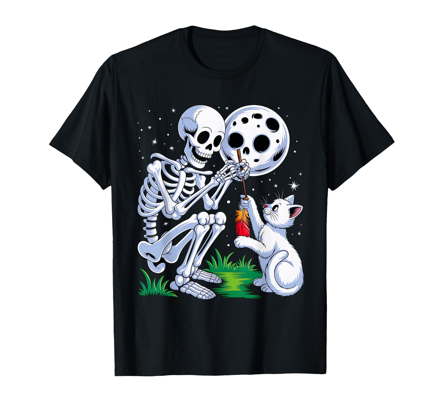 Skeleton Cat Moon Night Halloween Funny Cute Men Women Girls T-Shirt