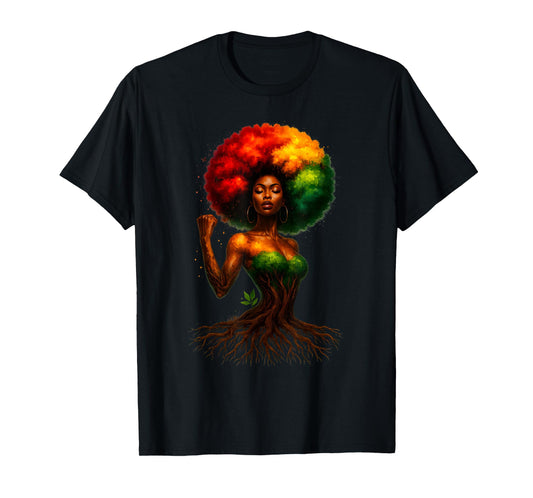Afro Tree Woman Black Queen Melanin Roots Pride African Girl T-Shirt