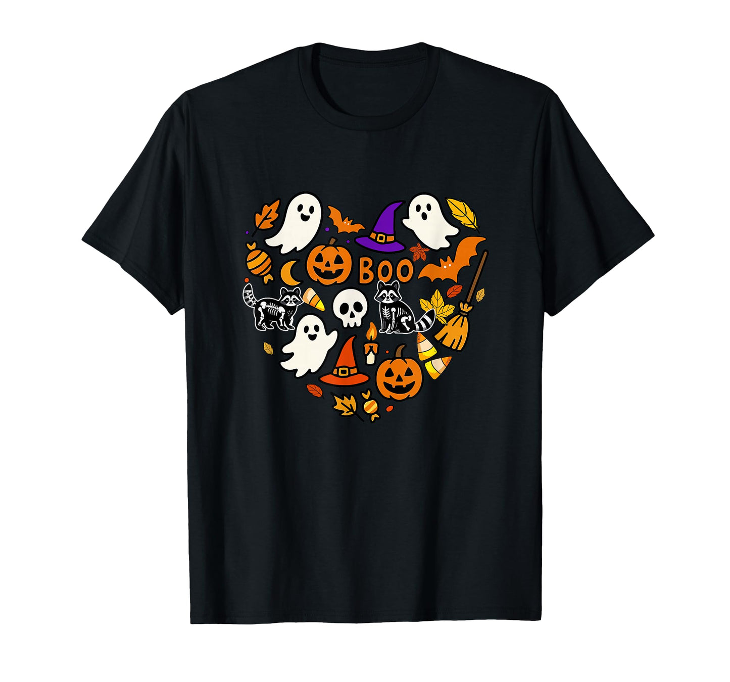 Group Raccoons Boo Ghosts Candy Corns Halloween Heart Shape T-Shirt