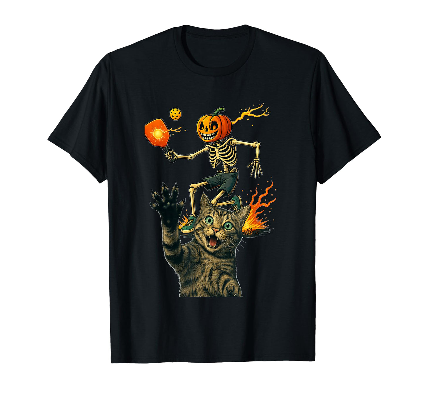 Pumpkin Head Skeleton Pickleball Halloween Spooky Cat T-Shirt