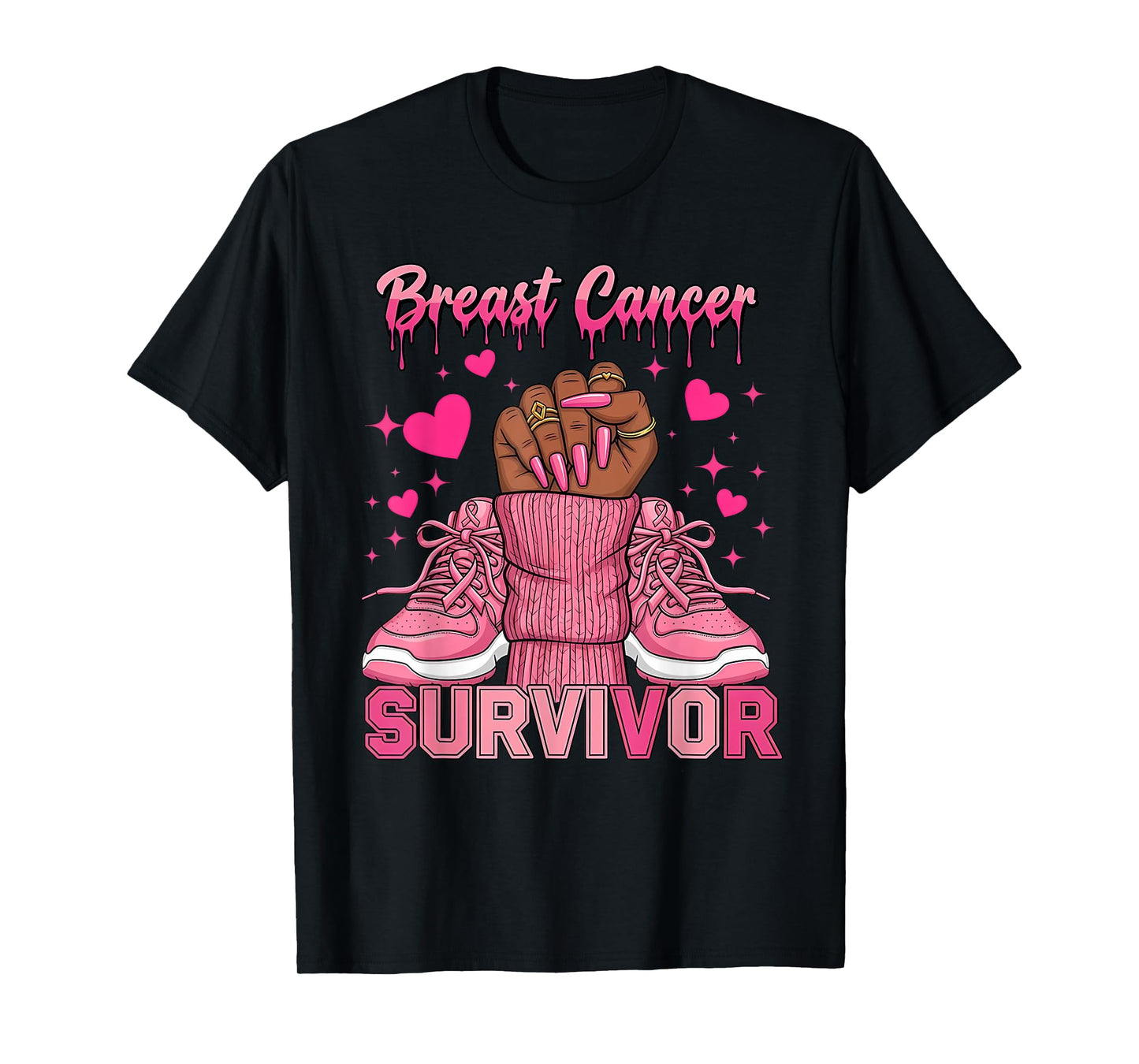 Breast Cancer Survivor Awareness Black Woman Nails Pink T-Shirt