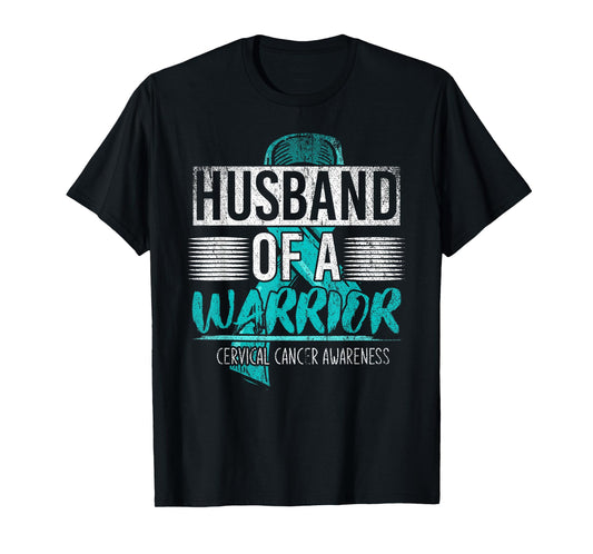 Mens Husband Of A Warrior Teal Ribbon Cervical Cancer awareness T-Shirt