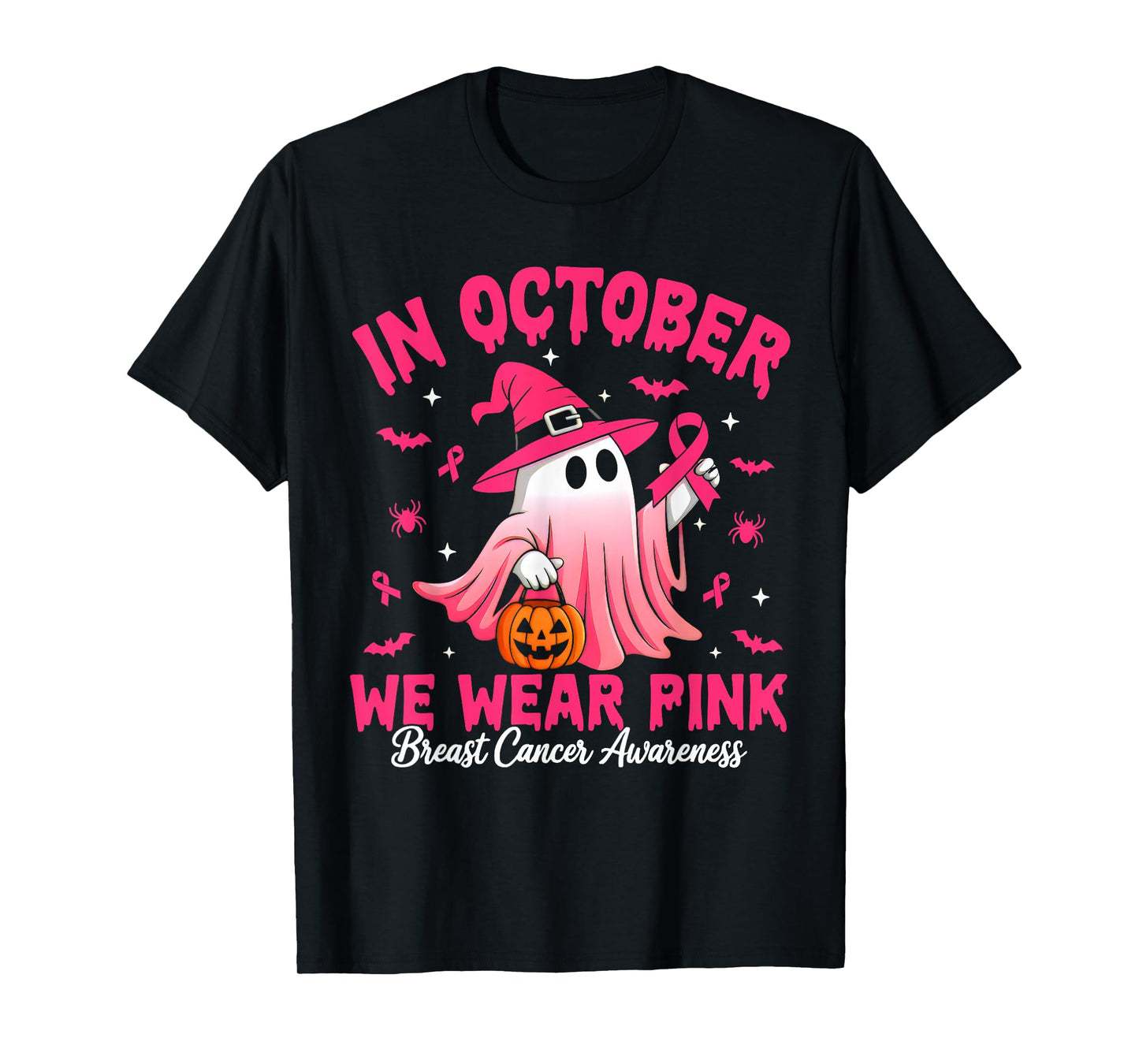 In October We Wear Pink Ribbon Ghost Witch Halloween Costume T-Shirt