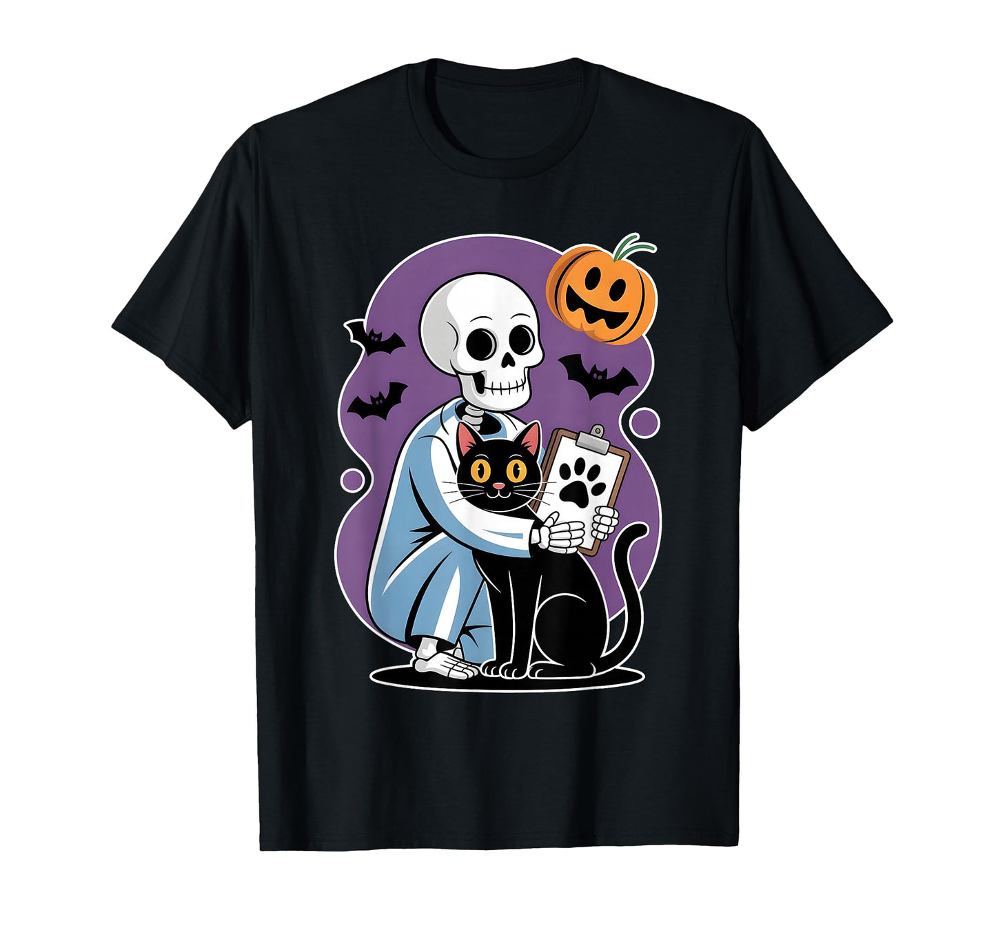 Skeleton Hugging Cat Funny Vet Cat Lover Halloween Men Women T-Shirt