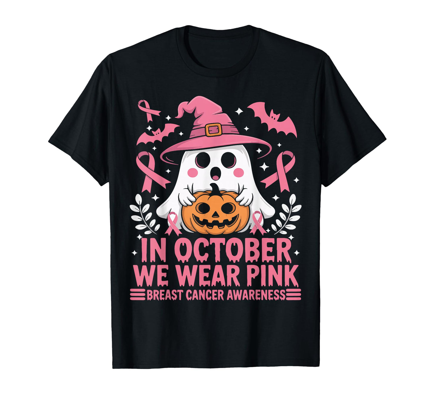 in October We Wear Pink Cute Ghost Witch Hat Pumpkin T-Shirt