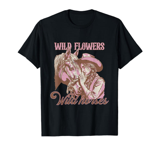 Cowgirl With Horse Wild Flowers Wild Horses Western Vintage T-Shirt