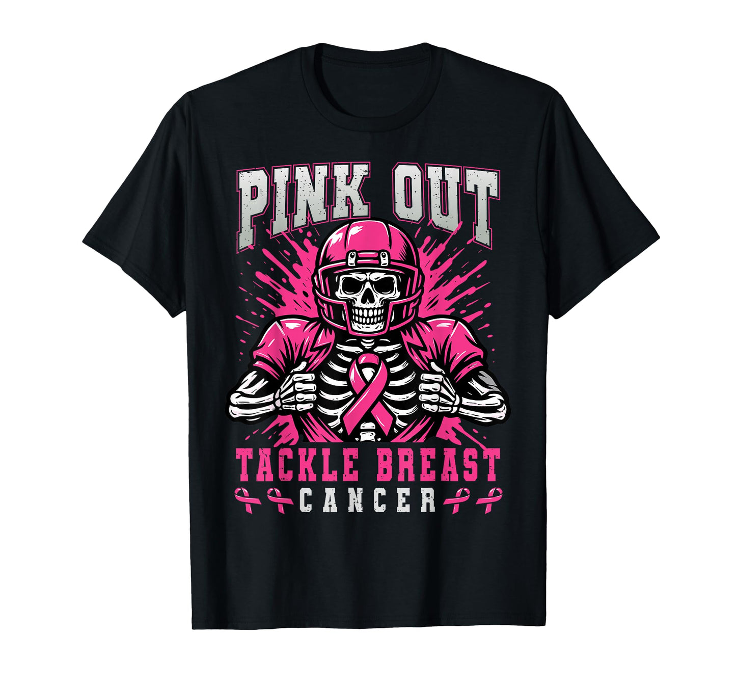Pink Out Tackle Breast Cancer Football Skeleton Halloween T-Shirt