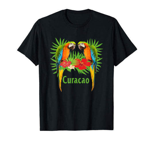 Curacao Vacation Parrots Tropical Flowers Green Palm Beaches Men Women Girls Kids T-Shirt