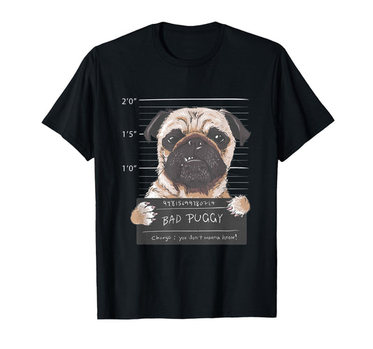Cute Pug Mugshot Bad Puggy Puppy Humor Funny Dog T-Shirt