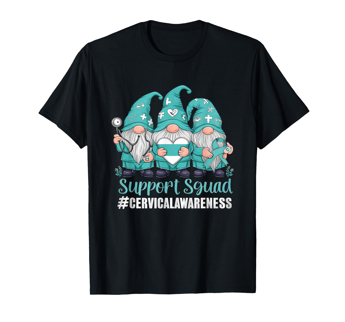 Cervical Cancer Awareness Gnome Support Squad Teal Ribbon T-Shirt