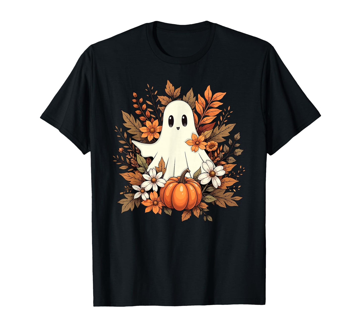 Ghost Halloween Flowers Pumpkin Autumn Fall Girls Women T-Shirt