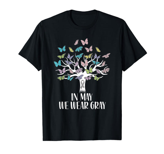In May We Wear Gray Brain Cancer Awareness Butterfly Tree T-Shirt