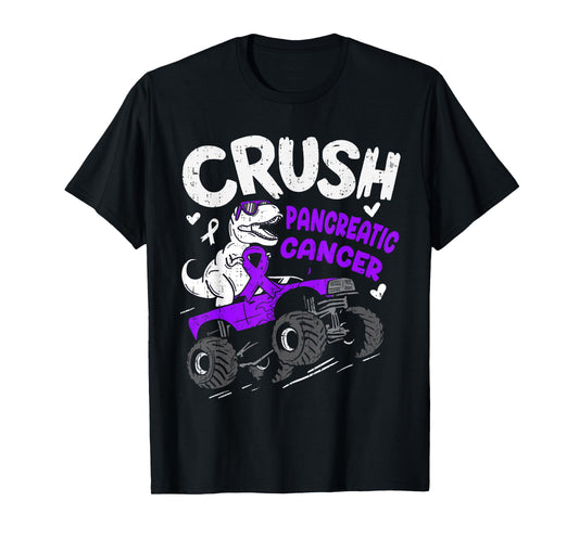 Crush Pancreatic Cancer Awareness Dino Ribbon Purple Boy Kid T-Shirt