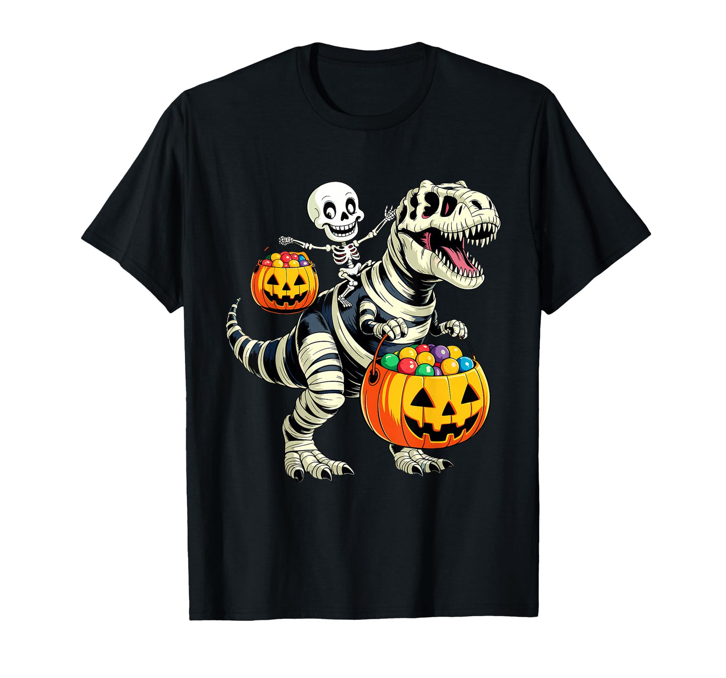 Skeleton Riding Mummy Dinosaur Trex Spooky Pumpkin Halloween T-Shirt