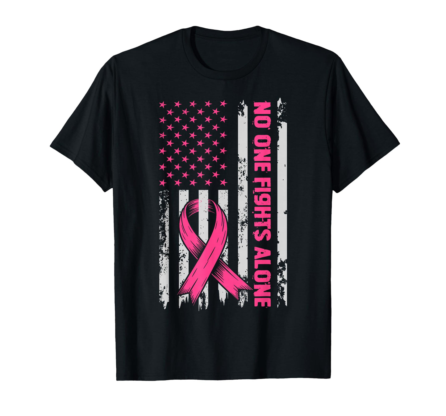 No One Fights Breast Cancer Alone US Flag Pink Ribbon T-Shirt