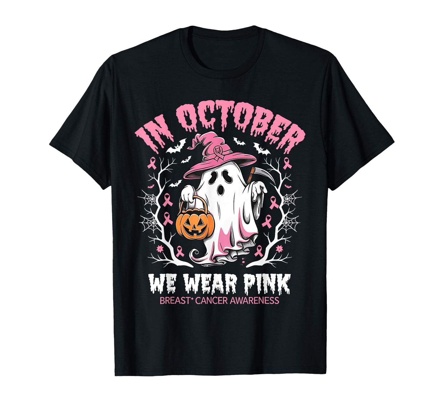 in October We Wear Pink Halloween Breast Cancer Awareness T-Shirt