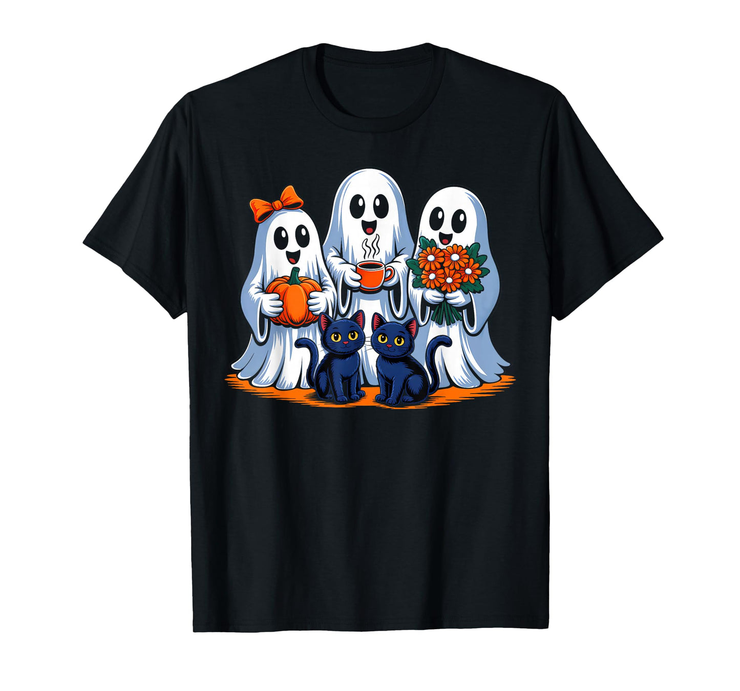 Vintage Halloween Floral Ghost Black Cat Halloween Men Women T-Shirt