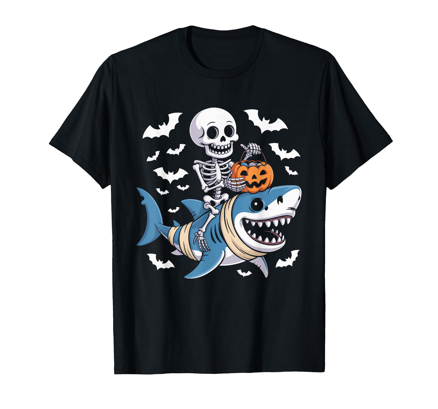 Skeleton Riding Mummy Shark Funny Halloween Pumpkin T-Shirt
