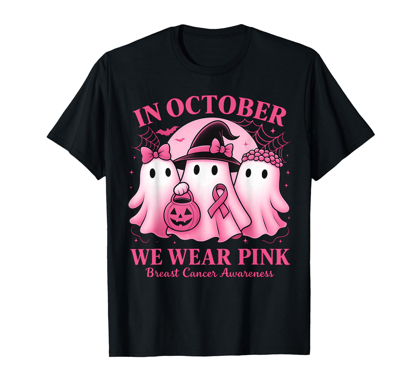 in October We Wear Pink Ghost Halloween Women Breast Cancer T-Shirt