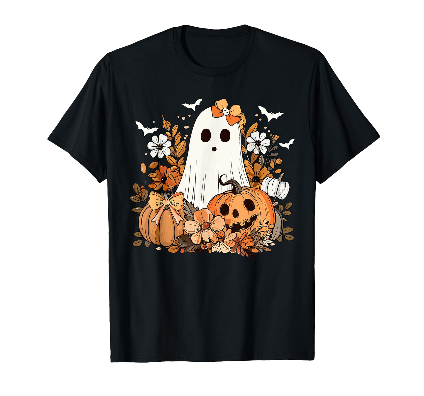 Retro Floral Ghost Cute Pumpkin Autumn Halloween Women Kids T-Shirt