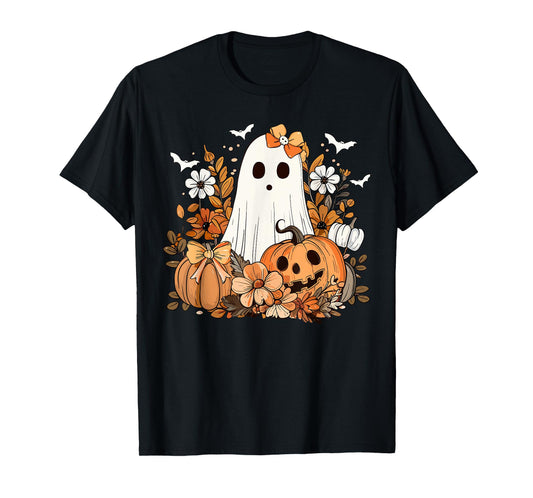Retro Floral Ghost Cute Pumpkin Autumn Halloween Women Kids T-Shirt