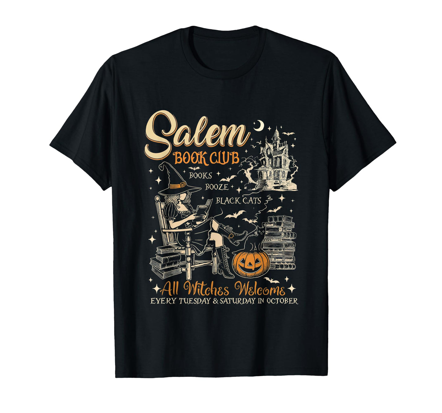 Vintage Salem-Book Booze Bats Book Club All Witches Welcome T-Shirt